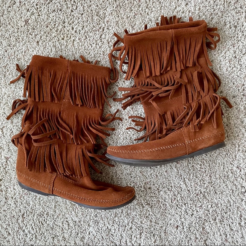 Minnetonka 3-layer fringe moccasin mid calf boot